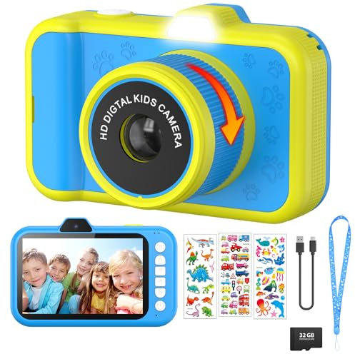 Uleway Kinderkamera - 3,5 Großes Display, 360° Rotierendes Zoomobjektiv, Selfies, LED-Blitz, Digitalkamera Mit 32G Karte, Spielzeug Geschenke für Kinder 3-12 (Blau)