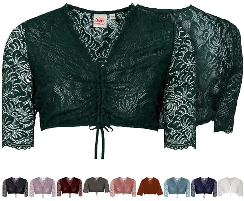 Spieth & Wensky Dirndlbluse Ansbach | Damen Dirndl-Bluse mit V-Ausschnitt | Spitze Kurzarm dunkelgrün 48