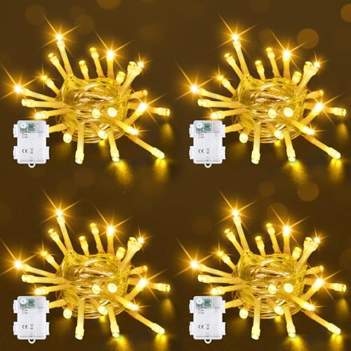 Bowfar Lichterkette Außen Batterie, 2M 20LED Warmweiß Lichterkette mit 6h Timer, IP65 Wasserdicht Lichterkette Batterie für Innen Zimmer Party Weihnachten Outdoor (4 Stücke, Durchsichtigen Kabel)