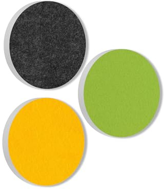 platino24 Akustikpaneele 3 Elemente Colore Kreis Ø 40 cm Anthrazit + Hellgrün + Sonnengelb I Schallabsorber aus Basotect G+ mit Akustikfilz I Schalldämmung Wand & Decke I Akustikelemente Wandpaneel