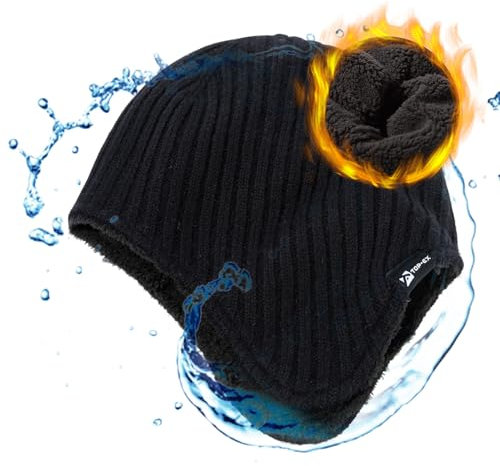 TOP-EX Übergroße Merinowoll Mischung Fleece Futter wasserdichte Ohrenschützer Beanie Mütze Mittel Groß große Köpfe Männer Frauen Winter gestrickte warme Schädelmütze Skifahren kaltes Wetter Schwarz