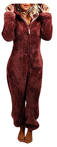 Pigiama intero da donna in pile con cerniera, pigiama con cappuccio, pigiama autunno inverno caldo loungewear tuta intera morbida e confortevole pigiama da notte in pile soffice tuta spessa, 2 vino, L