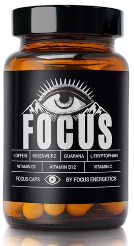 Focus Caps – Dein Support für mentale Klarheit, Konzentration & Energie – Mit Koffein, Guarana, L-Tryptophan, Vitamin C, D und B12 – 60 Fokus Kapseln
