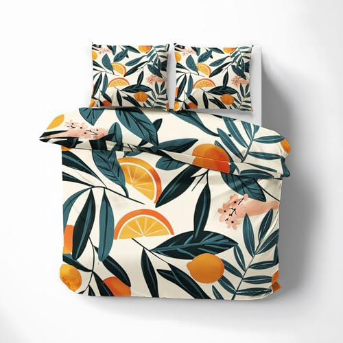 Qfpryzius Orange Single Duvet Cover Set, Summer Fruits Bedding Quilt Cover Set, Plant Leaves Duvet Cover with 1 Pillowcases, Microfibre Reversible Bed Covers 2 Pcs with Zipper Closure