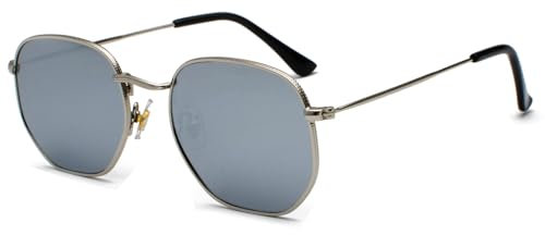 RUNHUIS Retro Polygon Sonnenbrille für Damen und Herren, Modische Quadratische Brille, Ultraleichter Metallrahmen (Silber/Silber Mercury)