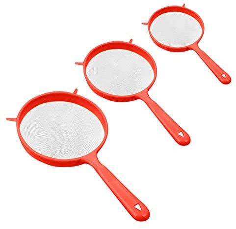 Set of 3 Purpose Plastic Strainers with Handle Sieve Mesh Colander Flour Kitchen Kitchen Sink Shelf Strainer (Red, One Size)