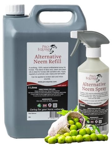 Pro-Equine Alternative Neem Horse Spray and Refill Set includes a 5 Litre Refill with 500ml trigger Spray Bottle. Natural skincare for your horse.