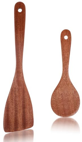 Ouligay 2Pcs Wooden Spoon Spatula for Cooking, Wood Spatulas Natural Wooden Kitchen Cooking Utensils Long Handle Frying Spatulas Wood Turner Spurtle for Non-Stick Cookware Pan Wok