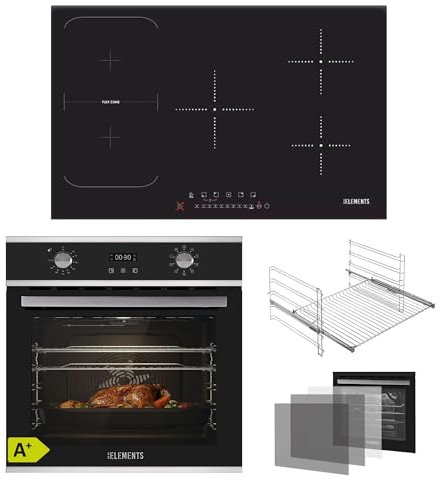 KB ELEMENTS Autarkes Herdset | 60cm Einbaubackofen 70 Liter | Induktionskochfeld 5 Zonen | 9-Funktionen | 3-fach Wärmeschutzverglasung | Rotisserie-Funktion | EEK A+ (Silber-Schwarz, 77CM)