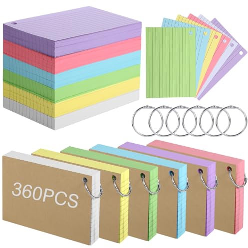 360 Pcs A6 Ruled Index Cards with Metal Binder Ring,Double-Sided Lined Revision Flash Cards