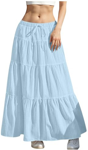 KUIH Long Skirts for Women Elastic High Waist Maxi Skirts Plain Loose Casual A Line Skirt Ladies Tiered Flowy Summer Skirt with Drawsting S-XXL Light Blue