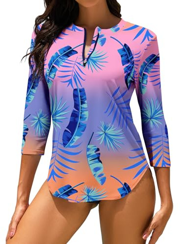WOWENY Haut de Maillot de Bain Tee Shirt Anti UV Femme Rashguard Manches 3/4 avec Fermeture Éclair 1/4 UPF 50+ Séchage Rapide pour Sports Nautiques Surf Plage