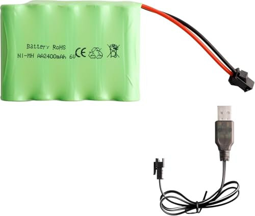 6V 2400mAh Batterie NiMH avec Connecteur SM-2P et Câble de Charge USB, Pack de Batterie Rechargeable AA NiMH pour Voiture RC, Véhicules de Stunt, Véhicule Tout-Terrain 4WD
