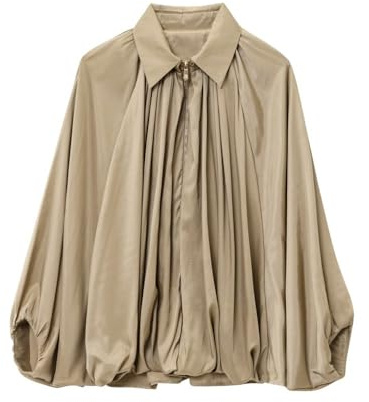 Soulolo Damen Puffed Bomberjacke Oversized Jacke Damen Fledermausärmel Trendy Reverskragen Blouson Frontreißverschluss vorne Plissee Shirts Leichte Streetwear