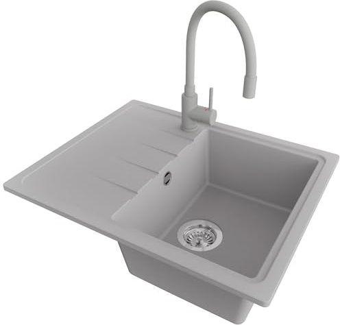 PRIMAGRAN Granitspüle ab 40er Unterschrank + Küchenarmatur, 62x50cm | Set: Küchenarmatur BW6020 + Ablauf-Set (Siphon, Ablaufgarnitur, Überlauf) + Spülbecken 1 Becken - Mailand, Grau