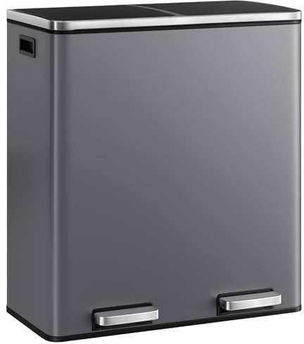 casa pura Mülleimer Küche 2×30L Grau | 2-Fach Mülltrennung, Treteimer Küche, Metall, Soft-Close, luftdicht, Kunststoff-Inneneimer, Klappdeckel – (Felix)