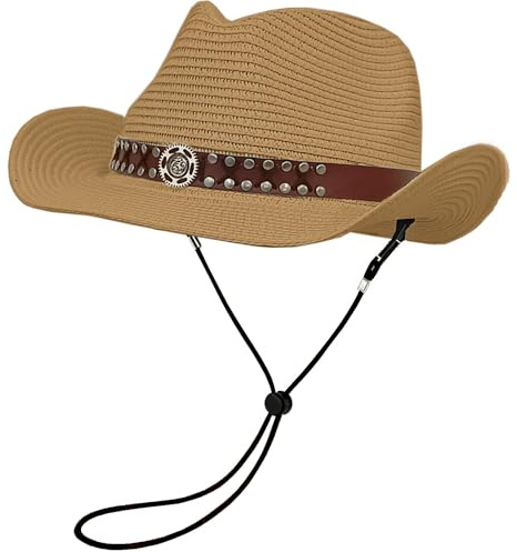HEYANN Chapeau de cowboy en paille pour homme et femme - Chapeau de soleil pliable - Coupe-vent - Avec mentonnière - Respirant - Protection UV - Pour plage, jardin et extérieur