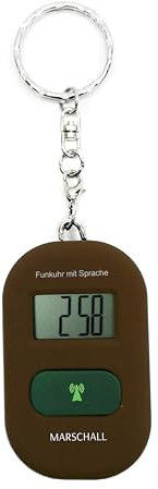 Marschall Schlüsselanhänger Deutsch sprechende Funkuhr I 1117B I Umhängeuhr Braun I Extra Laute Sprachausgabe I Großes LCD Display I Perfekt für Senioren, Blinde und Demenzkranke
