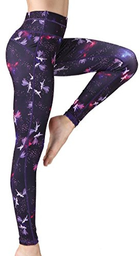 FLYILY Damen High Waist Elastische Sporthose mit Bunte Blumen Design Blickdichte Sport Leggings Lange Sportleggins Yogahosen