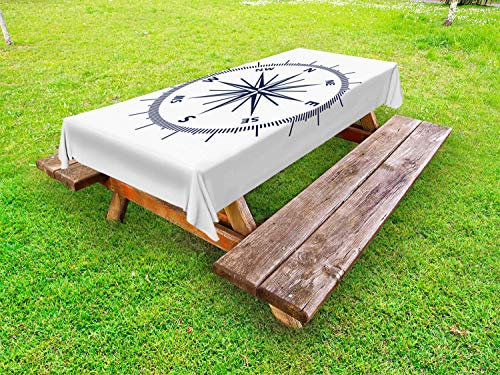 ABAKUHAUS maritim Outdoor-Tischdecke, Monochromatische Windrose Kunst, dekorative waschbare Picknick-Tischdecke, 145 x 210 cm, Marineblau Weiß