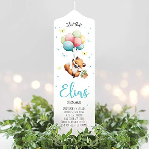 Wandtattoo Loft Taufkerze Junge oder Mädchen Motiv Fuchs mit Luftballon, 25cm x 7cm, personalisierte Kerze, bedruckte Kerze zur Taufe, Stumpenkerze, individuelles Taufgeschenk