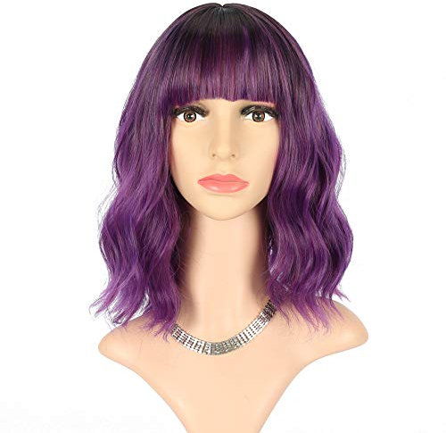 FAELBATY Lila Perücke mit Pony Kurz Bob Synthetische Cosplay Perücke für Frauen Kostüm Perücken (12 Ombre Dark Purple Color)