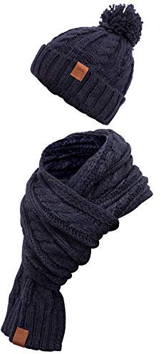 Manufaktur13 Knit Winter Set - Schal & Mütze, 2-teiliges Kombiset aus Strickschal und Beanie, Bommelmütze, Echt-Leder Veredelung (3 Navy)