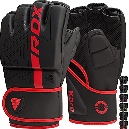 RDX MMA Gants d'entraînement,Maya Hide Cuir,Kara Boxe Mitaines Grappling Sparring, Ventilé Paume,Protection Poignet Main,Kickboxing Muay Thaï Arts Martiaux Cage Combat Gloves,Homme Femme,Rouge,Large