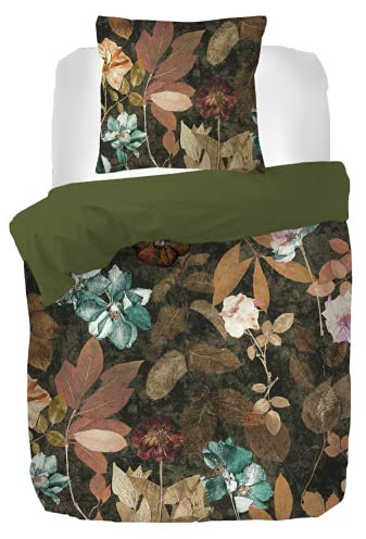 Kayori Satin-Bettwäsche-Garnitur Furano Farbe Braun Größe 135x200+80x80cm Blätter Baumwolle Fair Trade