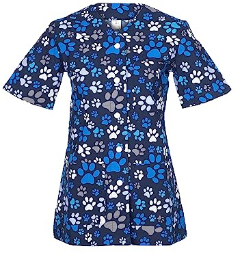 DINOZAVR Carla Blouse Medicale Femme - Tenue Infirmiere Professionnelle Imprimé Coloré, Manches Courtes, Col en V, 2 Poches Inférieures, 1 Poche Supérieure, Fermeture à Bouton - Bleu/Pattes 2XL