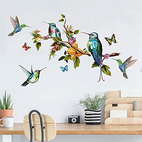 WandSticker4U®- [Vintage Style] Wandsticker Vögel KOLIBRI auf dem BAUM AST (89x50 cm) I Wandtattoo Vögel auf Ast Schmetterlinge Retro I Wanddeko Wohnzimmer Schlafzimmer Badezimmer Küche Flur