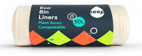 SEEP Compostable 50 Litre Bin Bags x 25 - Eco Friendly Bin Liners - Large Kitchen BinBags - 50L Biodegradable Clear Bags - One Roll