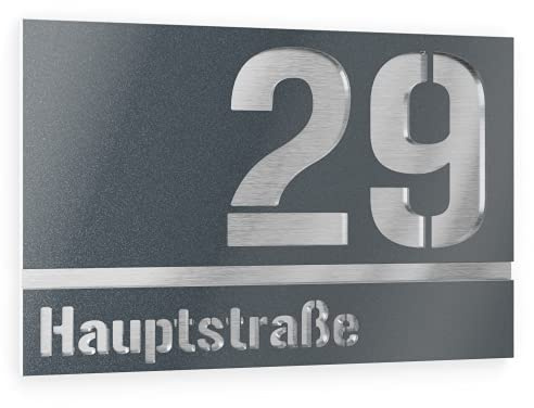 Graviers Design placa número para exterior de dos líneas – 380x264 mm, antracita metalizado, acero inoxidable V2A (AISI 304), personalizable