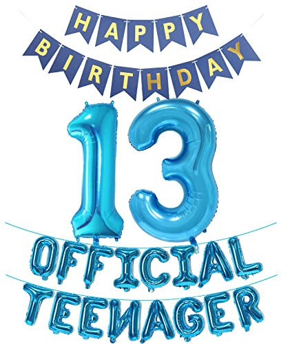 Offizielle Teenager 13. Geburtstag Dekorationen Mädchen Jungen, Happy Birthday Banner Nummer 13 Geburtstags Folien Ballons Offizielle Teenager Ballons für 13 Jahr Geburtstags Deko (Blau)