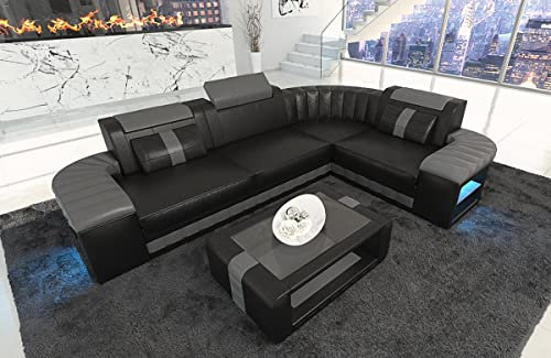 Sofa Bergamo Leder L Form Ecksofa Ledersofa mit Beleuchtung Couch mit Kopfstützen (Ecke rechts, Schwarz-Grau)