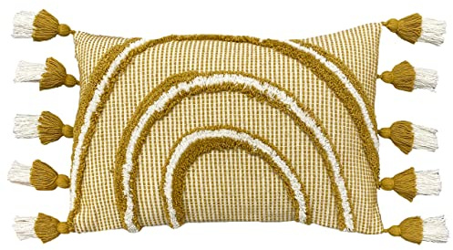 furn. Rainbow Tuft Cushion Cover – Colourful Tufted Tassel Trim Decorative Cotton Case (Ochre – 30x50cm)