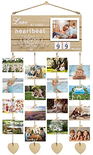 KAMEUN Cornice portafoto con mollette e guinzaglio, cornice portafoto in legno, collage fotografico con 24 mini mollette