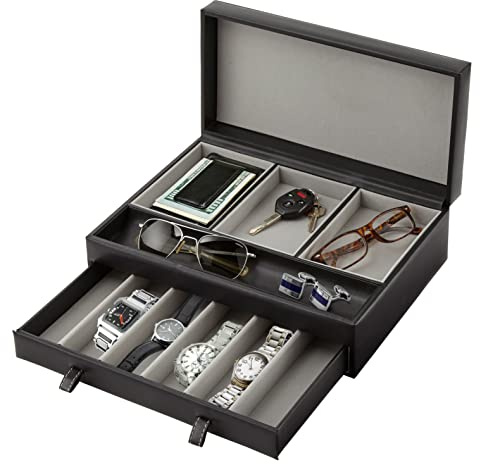 Stock Your Home Herren-Tablett, Herren-Schmuckkästchen, Nachttisch-Organizer und Aufbewahrung, Nachttisch-Organizer, Uhrenbox für Kommode, Kunstleder (schwarz und grau)