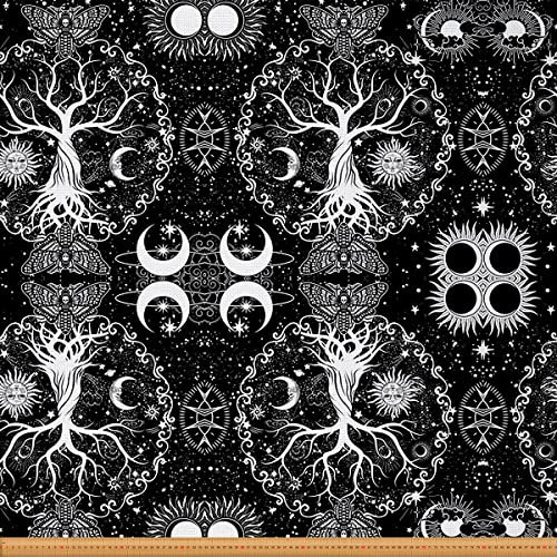 Sonne und Mond Stoff Meterware Baum des Lebens Dekorationsstoff Gothic Motte Möbelstoff Zuckerschädel Trippy Glitzersterne Stoff böhmische Sternbilder 92 x 150 (HxB) schwarz weiß