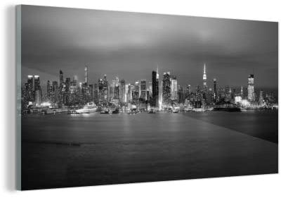 MuchoWow Glasbild Glasfoto Wandbild Bilder Deko 120x60 cm New York - Skyline - Nacht - Schwarz - Weiß