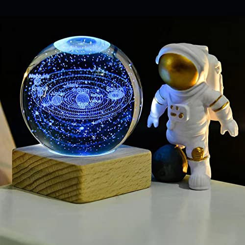 Veilleuse en Cristal 3D, Système Solaire USB, Lampe LED Créative Astronomique Avec Base en Bois