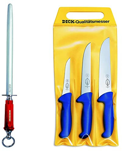 F. DICK Wetzstahl DICKORON Classic, 7598330, 48.26 x 5.09 x 2.13 cm & Messer Set ErgoGrip 3-teilig (Ausbeinmesser 13 cm „schmal“, A. Messer 15 cm „breit“, Blockmesser 21 cm, HRC 56°) 82559000