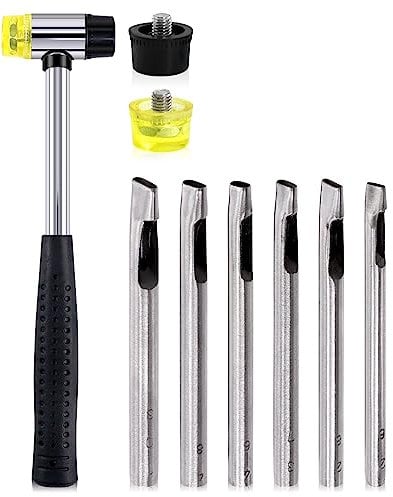 Glarks 9Pcs Rubber Hammer and Oval Hole Punch Set, Double-Faced Soft Hammer Mallet with Replacement Heads and 6 Sizes Hollow Hole Punch Cutter Kit for Leather Belts Watch Bands Crafts