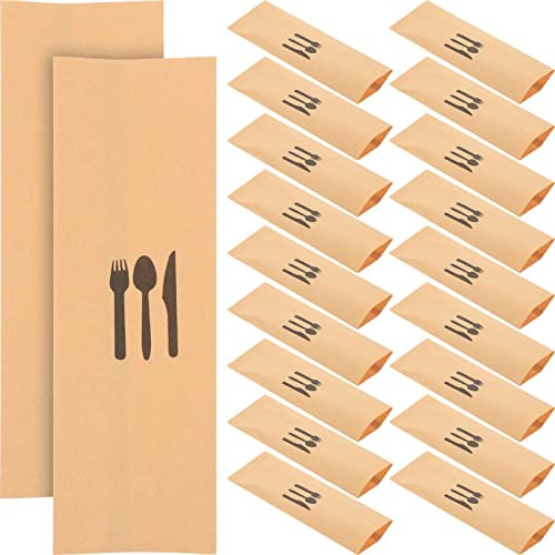 Cabilock 100pcs Kraft Paper Cutlery Holder Disposable Silverware Bags Chopsticks Bags Paper Silverware Holder Utensil Holder Pockets Sleeve for Parties Silverware Sleeves
