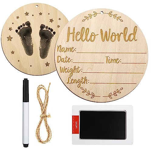SAVITA Ankündigungsschild Baby, 15cm Meilensteine Baby Holz mit Stempelkissen Markern Hello World-Neugeborenen-Schild Baby-Namensschild für Geburtstag Babypartys Foto-Requisiten