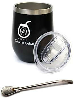 Gaucho Cebar Termolid Set 350 ml – Juego de vasos de acero inoxidable para mate, taza de acero ideal para viajes, al aire libre, té, vino, cerveza, yerba mate y más, color negro