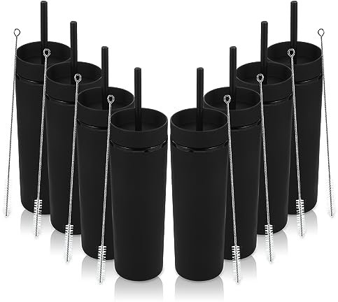 Volhoply 16oz Tumbler with Lid and Straw 8 Pack,Double Wall Plastic Skinny Tumblers Bulk,480ML Reusable Cute Coffee Mug,BPA Free Matte Acrylic Water Cups with Straw for Parties,DIY Gifts(Black,8 Set