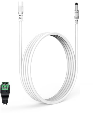 Lonnky 12V 3 Meter LED Extension Cable, Compatible With TAPO C110, Reolink, TP-Link, NETGEAR, Smallrig Cameras, IP Cameras, Govee LED Lights, And DVR, 5.5 x 2.1 mm, Female To Male Connector - White