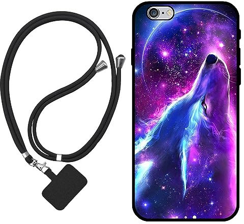 Sunrive Hülle Kompatibel mit iPhone 6 / 6S Case,matt Handyhülle Schutzhülle Etui Karikatur Muster TPU Backcover (Wolf,Mond,Sterne) +1x Universale Handykette MEHRWEG