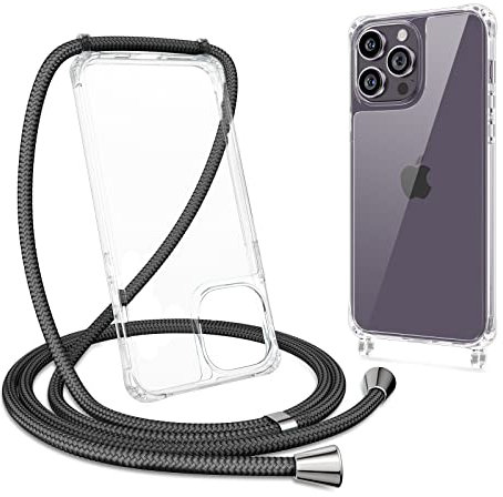 ZTOFERA Crossbody Lanyard Case for iPhone 15 Pro Max, Ultra Clear Hard Back with Soft Bumper Protective Phone Case with Strap Adjustable Neck Cord Necklace Shockproof Cover, Black